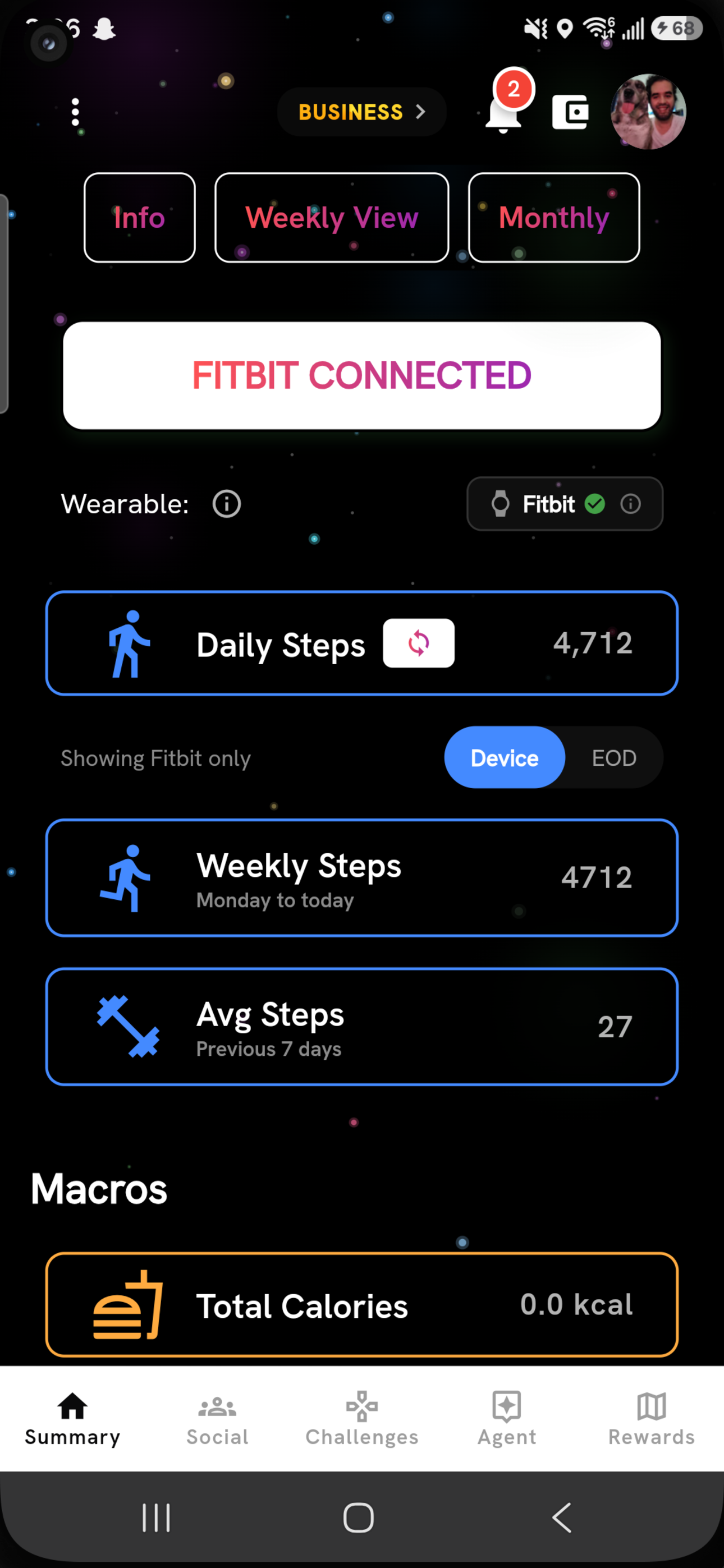 Lucilla summary page — Fitbit connected, daily and weekly steps synced from the device